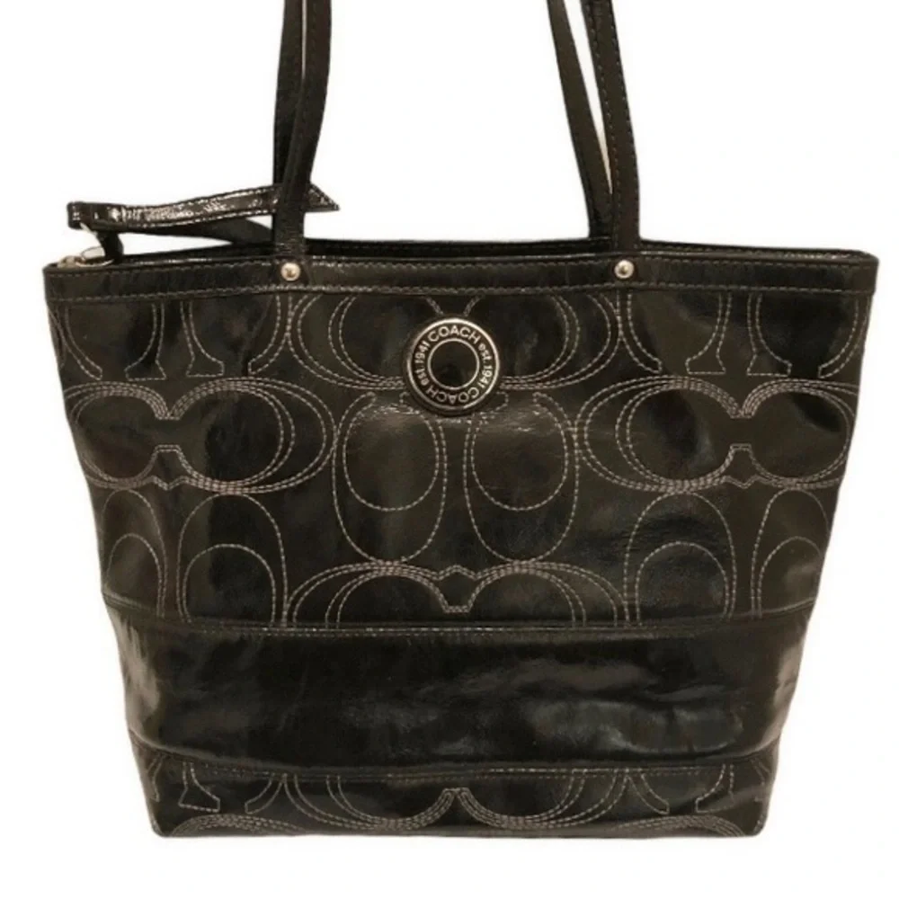 Coach black patent leather signature stitched tote